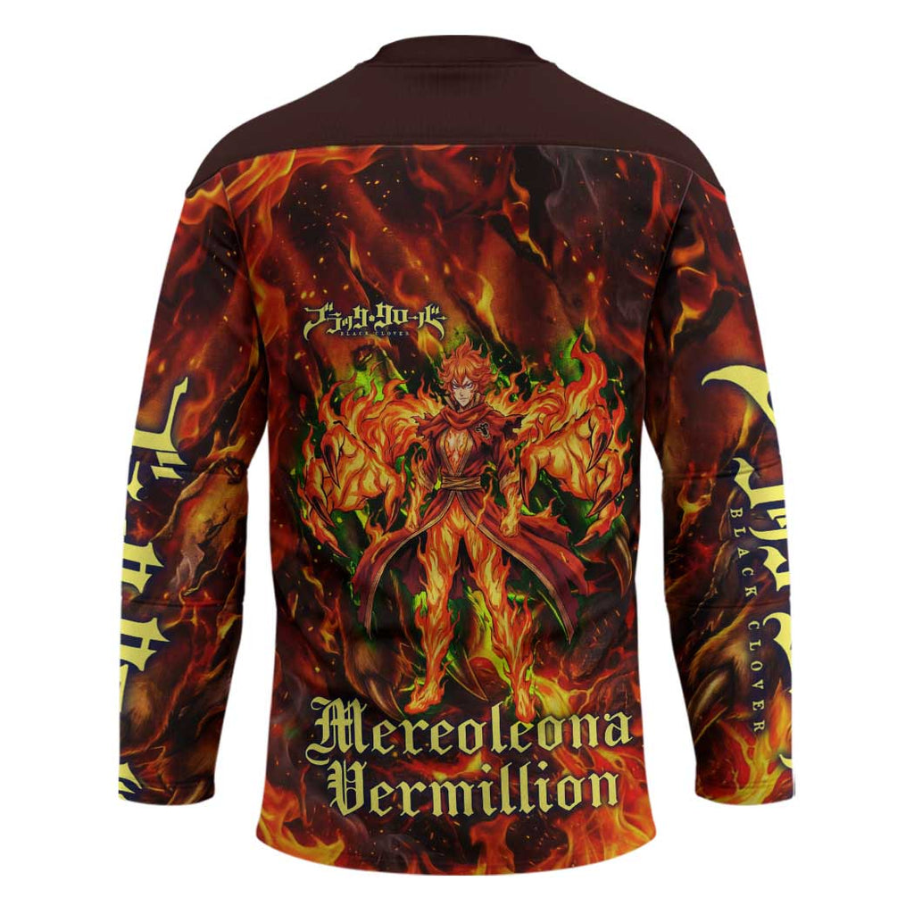Mereoleona Vermillion Black Clover Hockey Jersey Inferno Flame Anime Style with Lion Symbolism