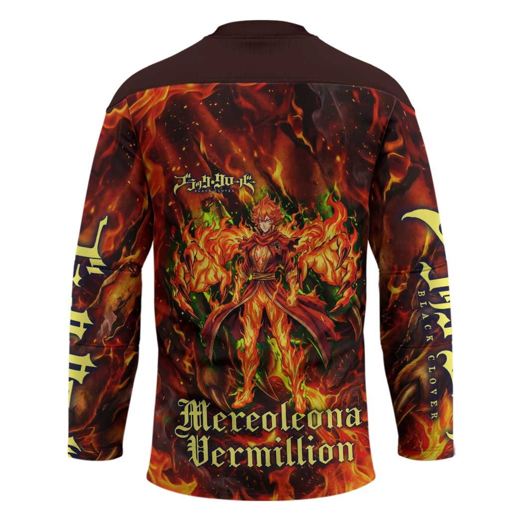 Mereoleona Vermillion Black Clover Hockey Jersey Inferno Flame Anime Style with Lion Symbolism
