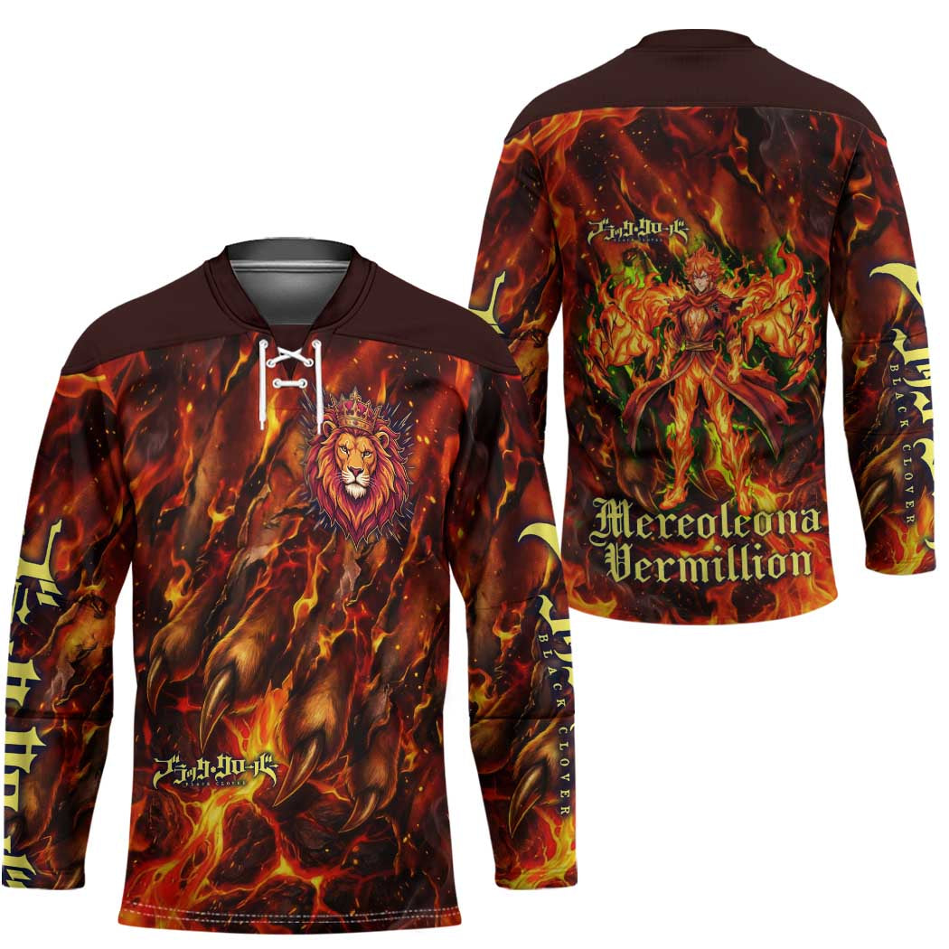 Mereoleona Vermillion Black Clover Hockey Jersey Inferno Flame Anime Style with Lion Symbolism