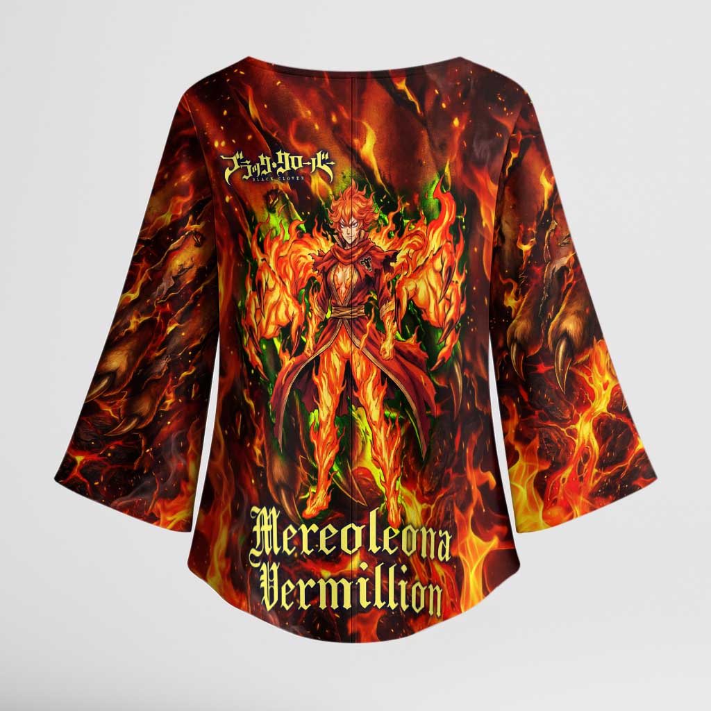 Mereoleona Vermillion Black Clover Kimono Sleeve Blouse Inferno Flame Anime Style with Lion Symbolism