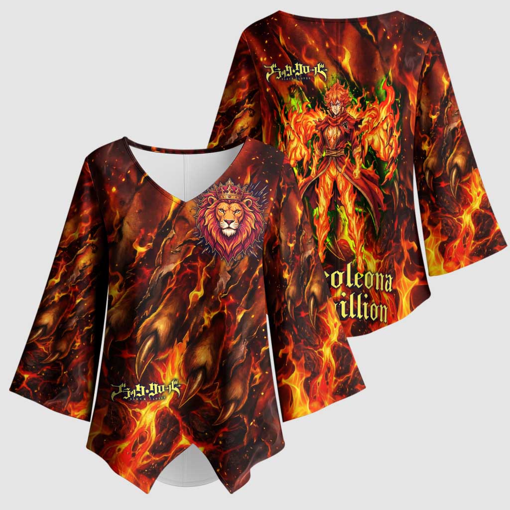 Mereoleona Vermillion Black Clover Kimono Sleeve Blouse Inferno Flame Anime Style with Lion Symbolism