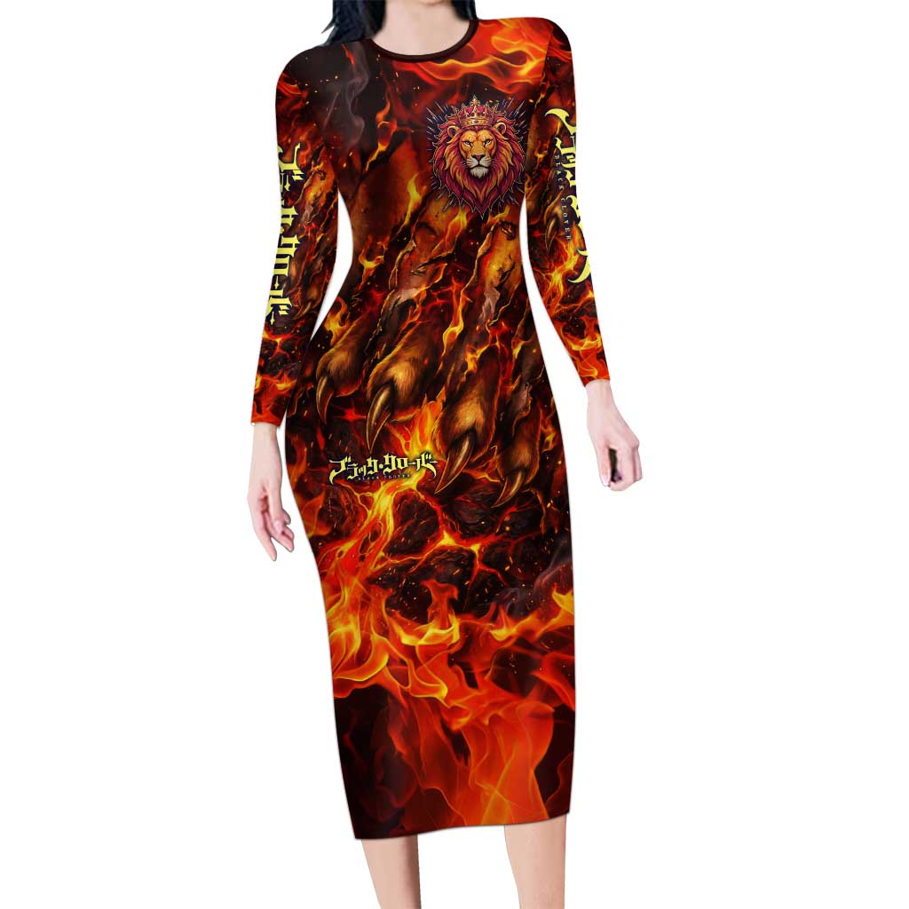 Mereoleona Vermillion Black Clover Long Sleeve Bodycon Dress Inferno Flame Anime Style with Lion Symbolism