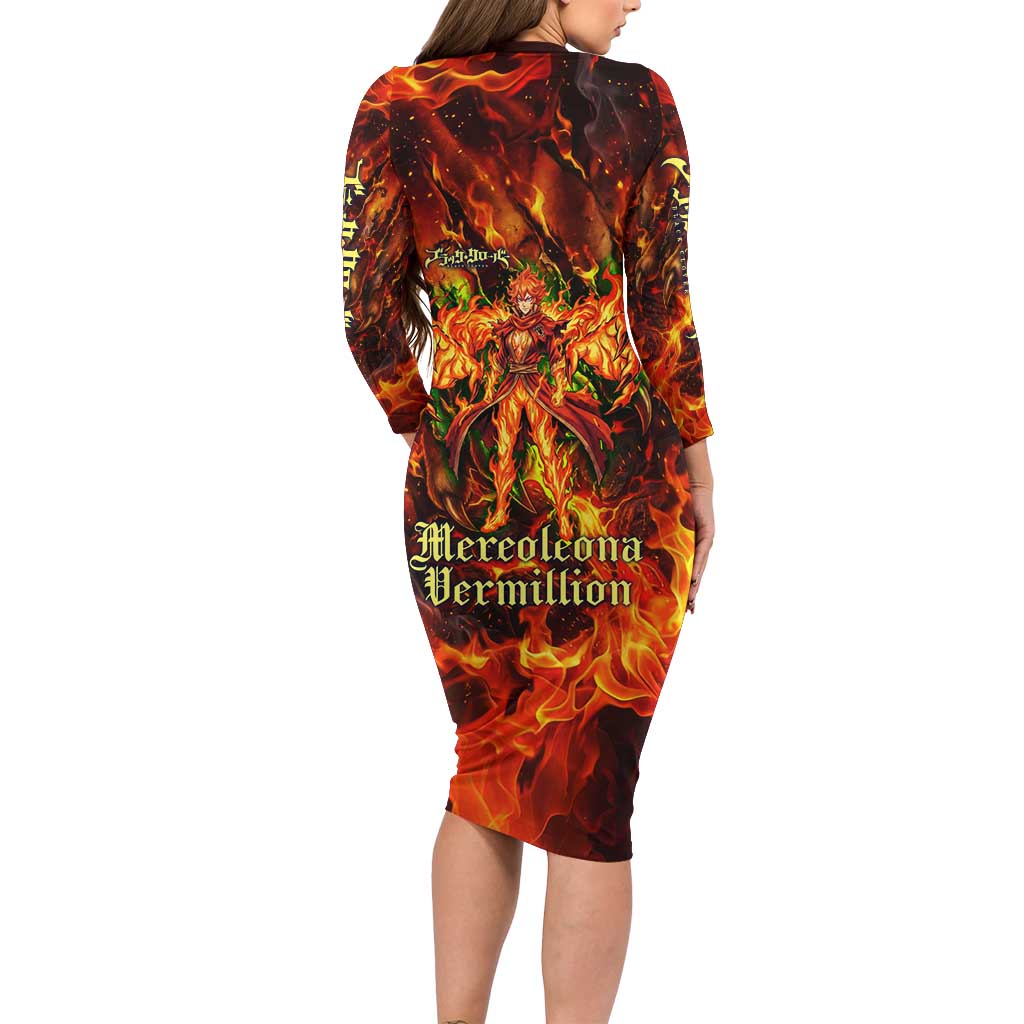 Mereoleona Vermillion Black Clover Long Sleeve Bodycon Dress Inferno Flame Anime Style with Lion Symbolism