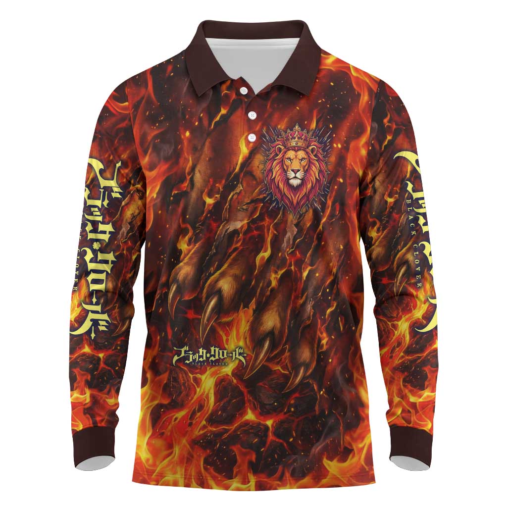 Mereoleona Vermillion Black Clover Long Sleeve Polo Shirt Inferno Flame Anime Style with Lion Symbolism