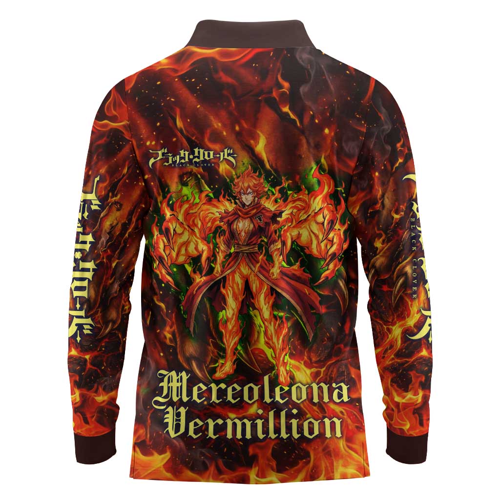 Mereoleona Vermillion Black Clover Long Sleeve Polo Shirt Inferno Flame Anime Style with Lion Symbolism