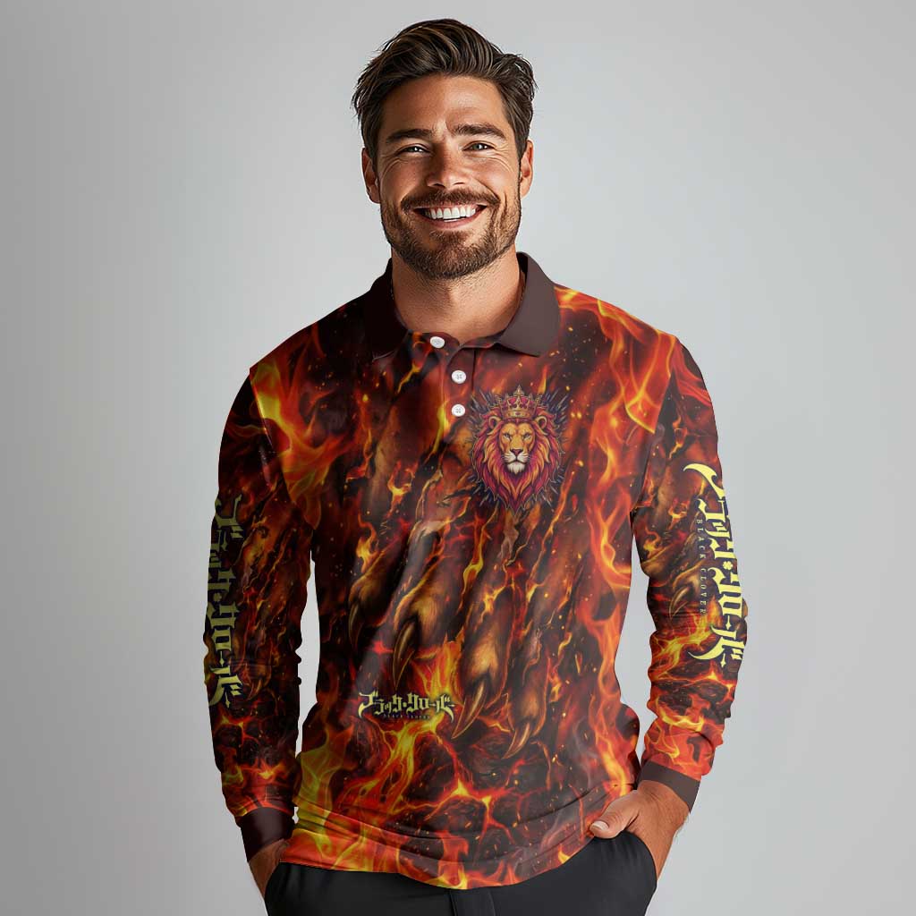 Mereoleona Vermillion Black Clover Long Sleeve Polo Shirt Inferno Flame Anime Style with Lion Symbolism