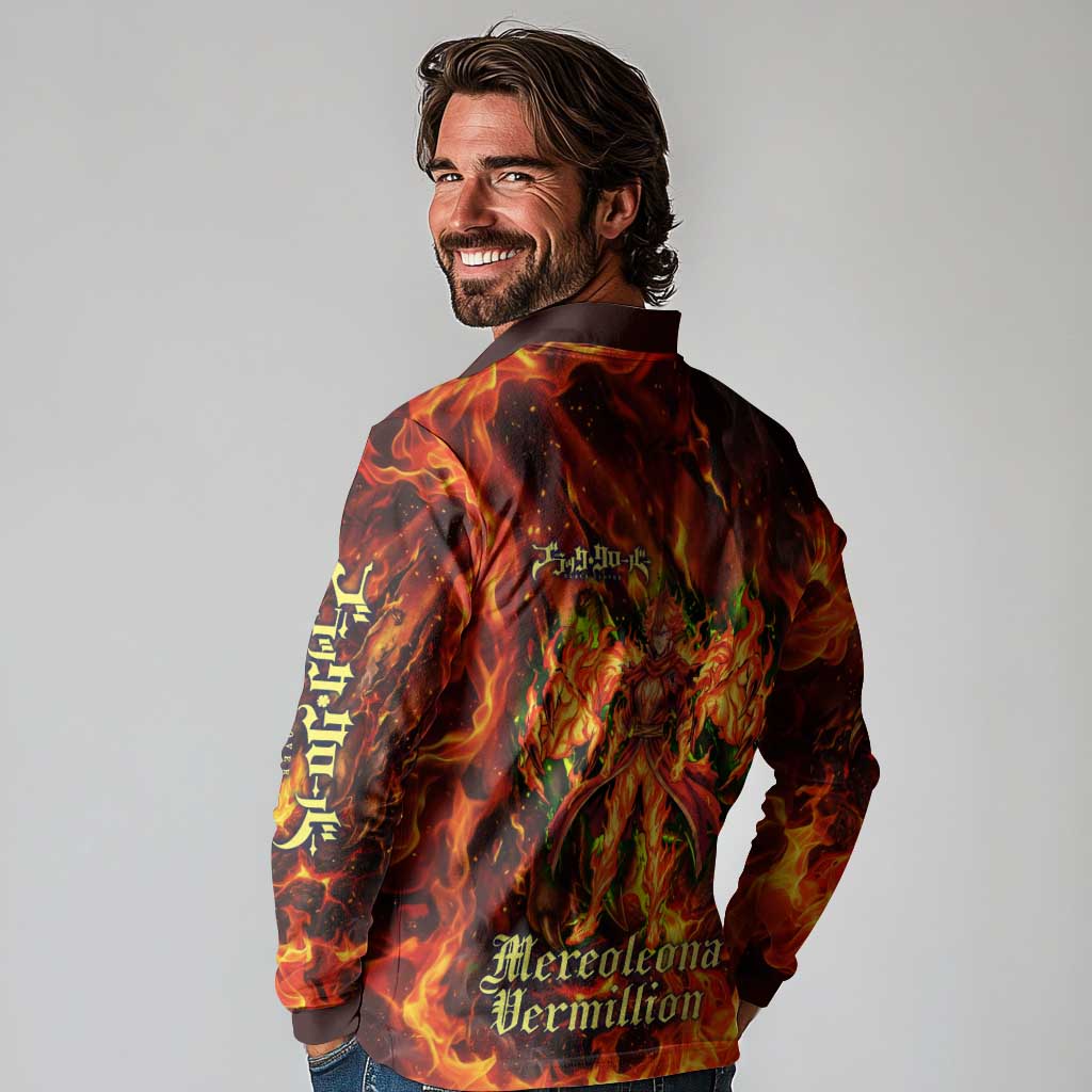Mereoleona Vermillion Black Clover Long Sleeve Polo Shirt Inferno Flame Anime Style with Lion Symbolism