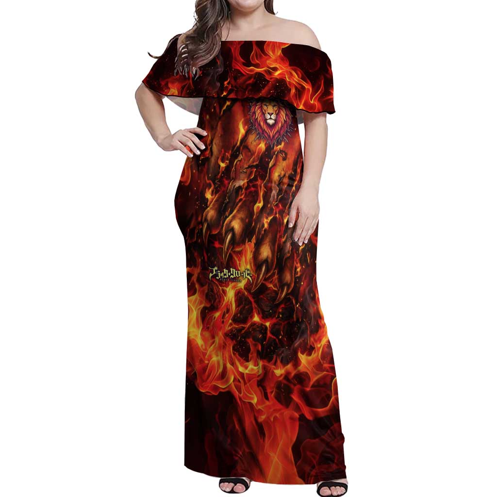 Mereoleona Vermillion Black Clover Off Shoulder Maxi Dress Inferno Flame Anime Style with Lion Symbolism