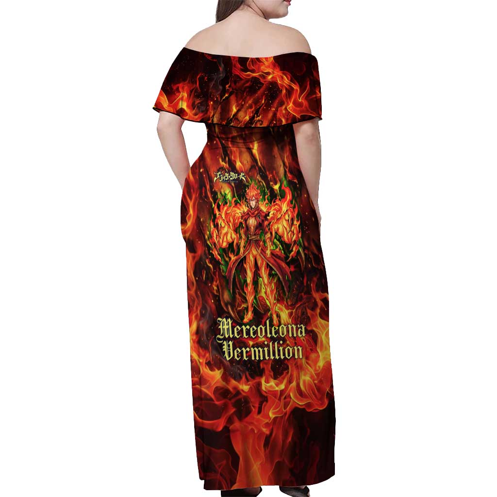 Mereoleona Vermillion Black Clover Off Shoulder Maxi Dress Inferno Flame Anime Style with Lion Symbolism