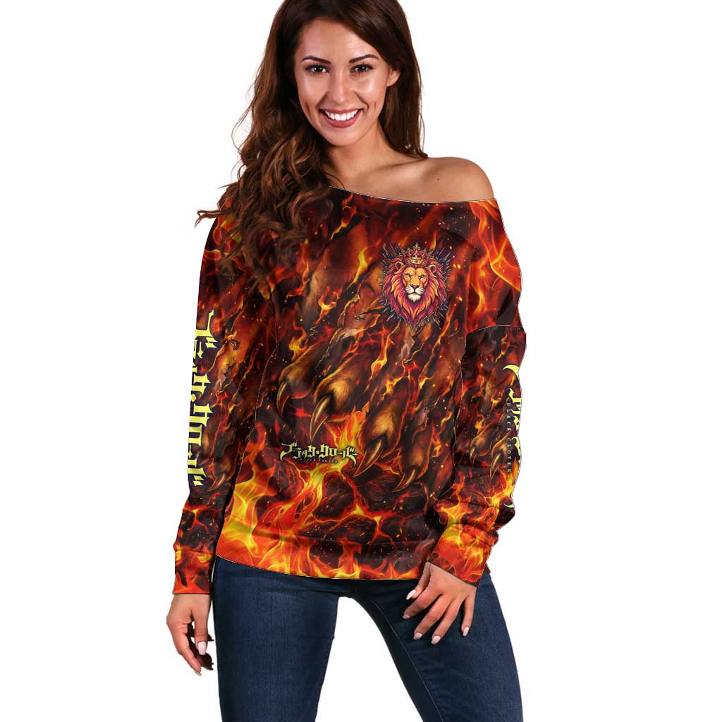 Mereoleona Vermillion Black Clover Off Shoulder Sweater Inferno Flame Anime Style with Lion Symbolism