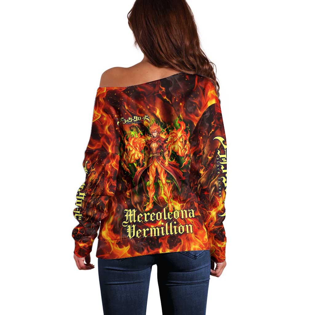 Mereoleona Vermillion Black Clover Off Shoulder Sweater Inferno Flame Anime Style with Lion Symbolism