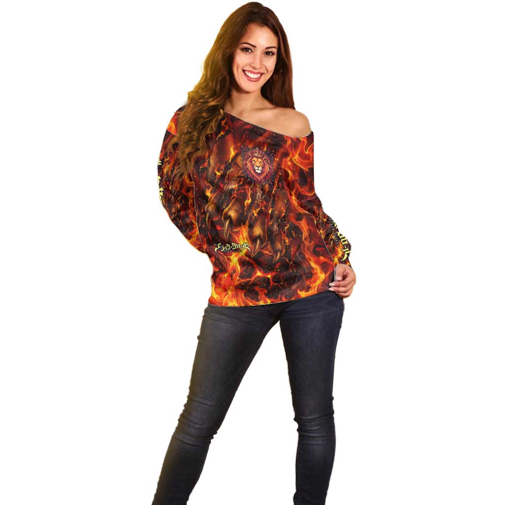 Mereoleona Vermillion Black Clover Off Shoulder Sweater Inferno Flame Anime Style with Lion Symbolism