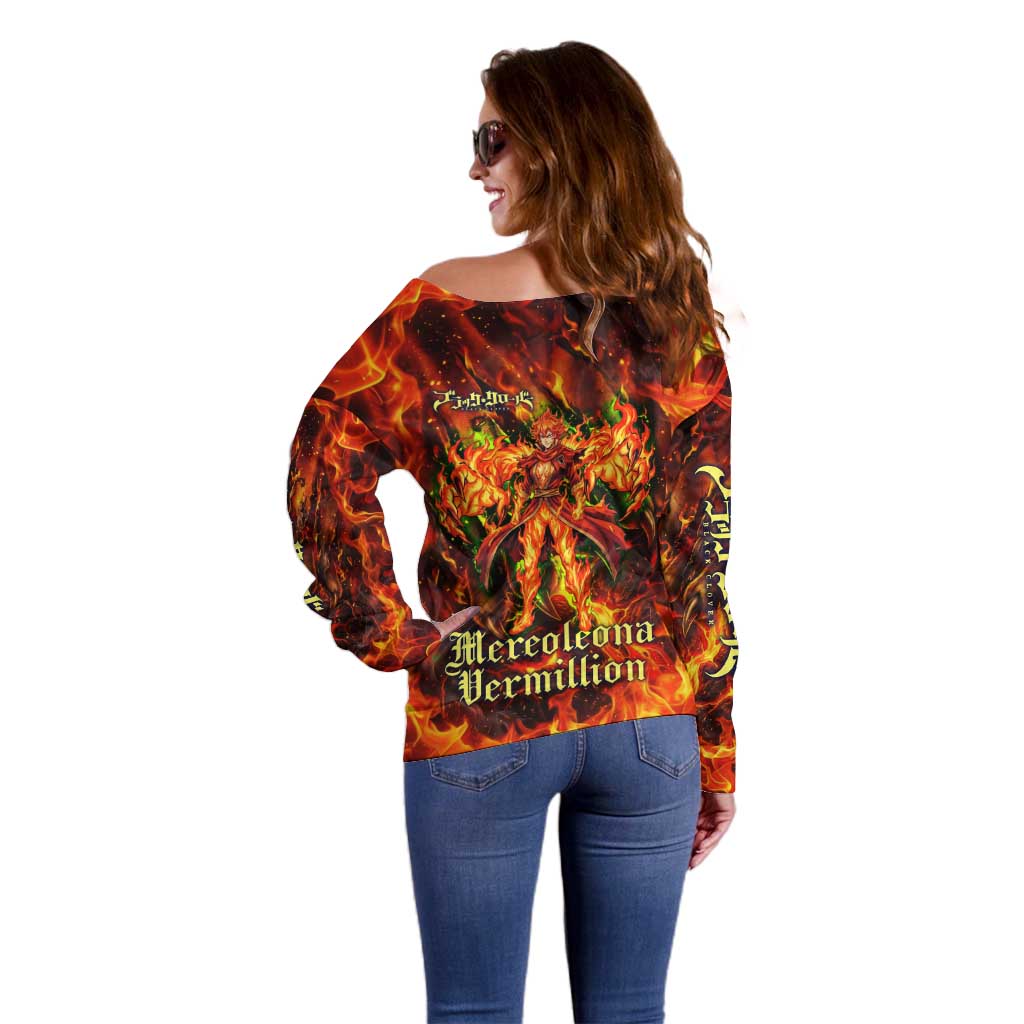 Mereoleona Vermillion Black Clover Off Shoulder Sweater Inferno Flame Anime Style with Lion Symbolism