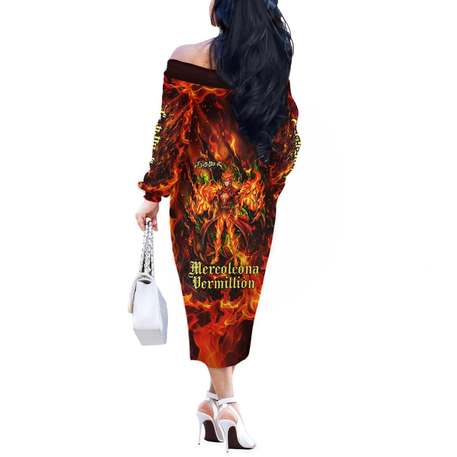 Mereoleona Vermillion Black Clover Off The Shoulder Long Sleeve Dress Inferno Flame Anime Style with Lion Symbolism