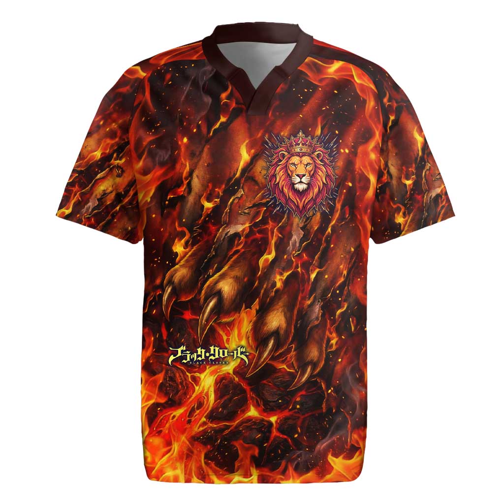 Mereoleona Vermillion Black Clover Rugby Jersey Inferno Flame Anime Style with Lion Symbolism