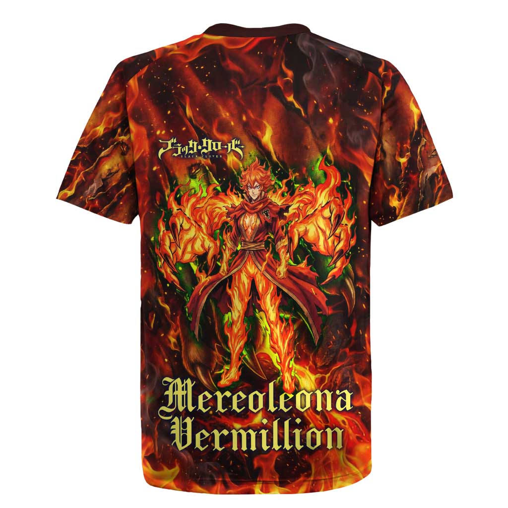 Mereoleona Vermillion Black Clover Rugby Jersey Inferno Flame Anime Style with Lion Symbolism