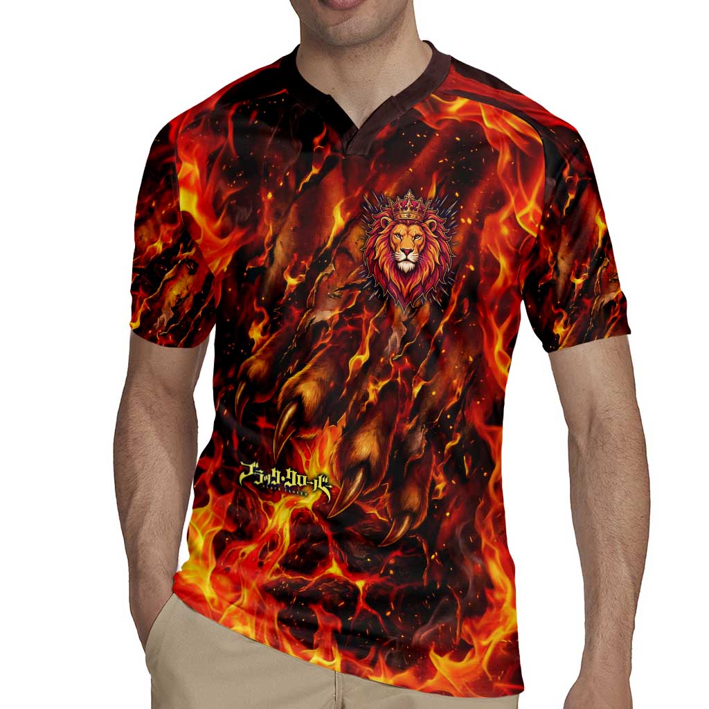 Mereoleona Vermillion Black Clover Rugby Jersey Inferno Flame Anime Style with Lion Symbolism