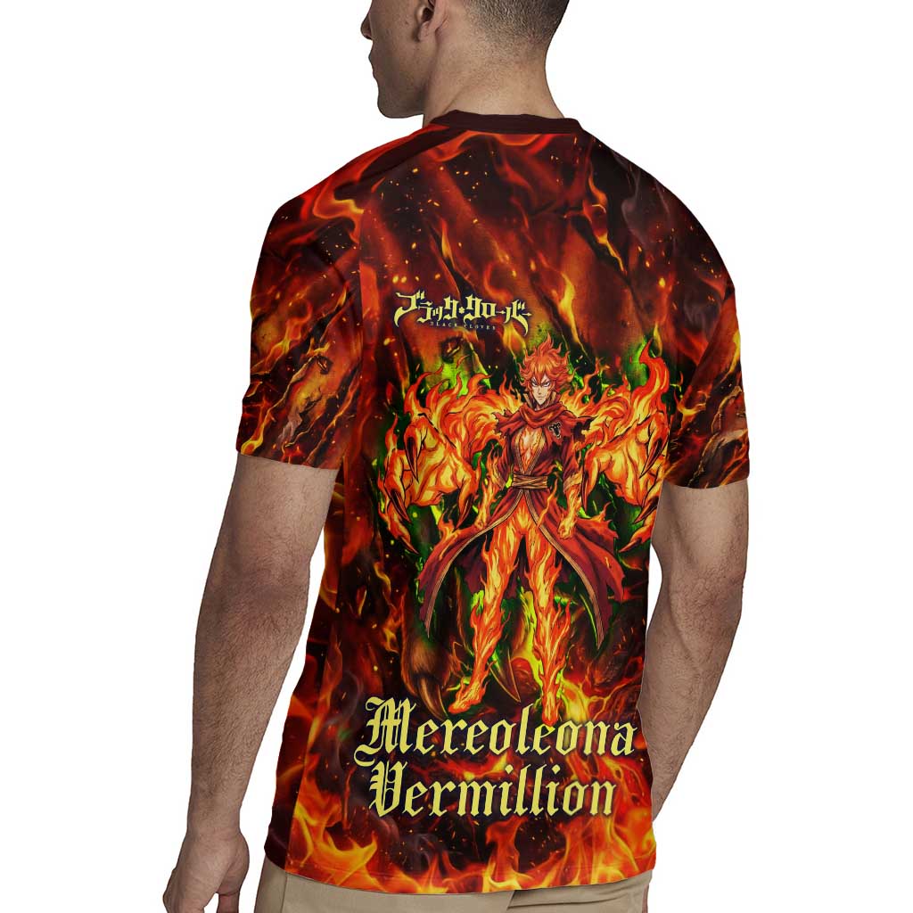 Mereoleona Vermillion Black Clover Rugby Jersey Inferno Flame Anime Style with Lion Symbolism