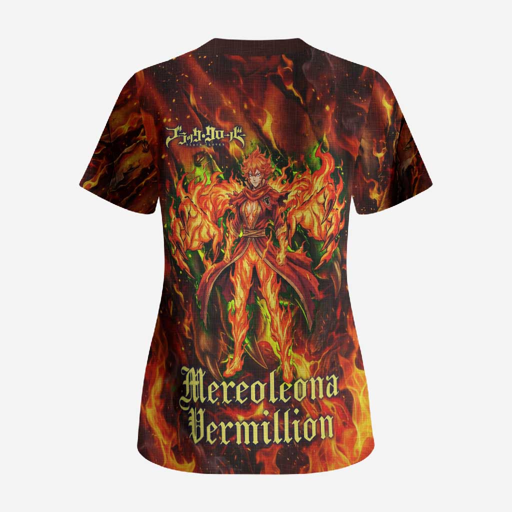 Mereoleona Vermillion Black Clover Scrub Top Inferno Flame Anime Style with Lion Symbolism