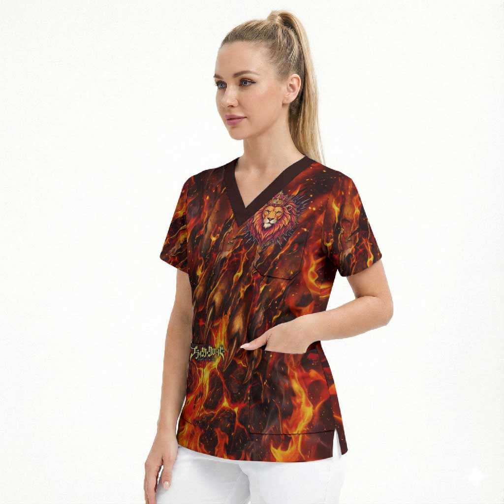 Mereoleona Vermillion Black Clover Scrub Top Inferno Flame Anime Style with Lion Symbolism