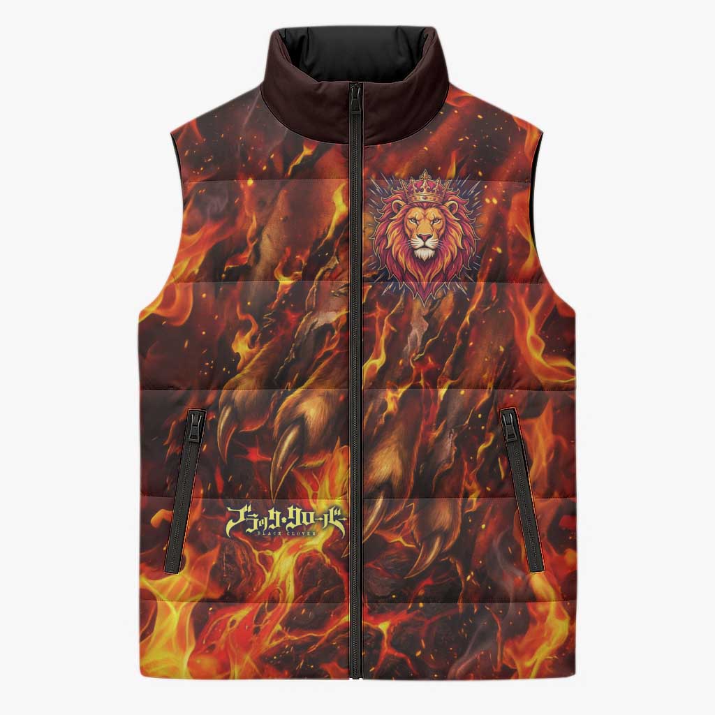 Mereoleona Vermillion Black Clover Sleeveless Puffer Jacket Inferno Flame Anime Style with Lion Symbolism