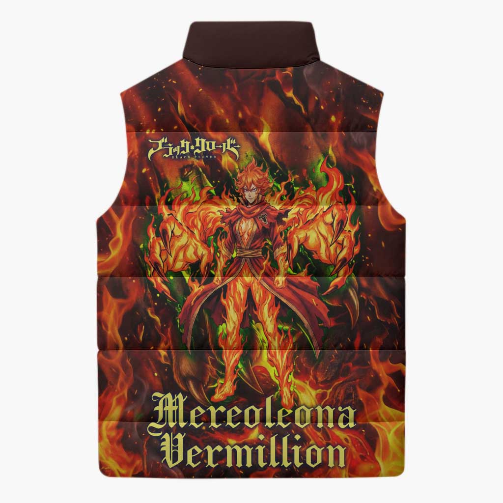 Mereoleona Vermillion Black Clover Sleeveless Puffer Jacket Inferno Flame Anime Style with Lion Symbolism