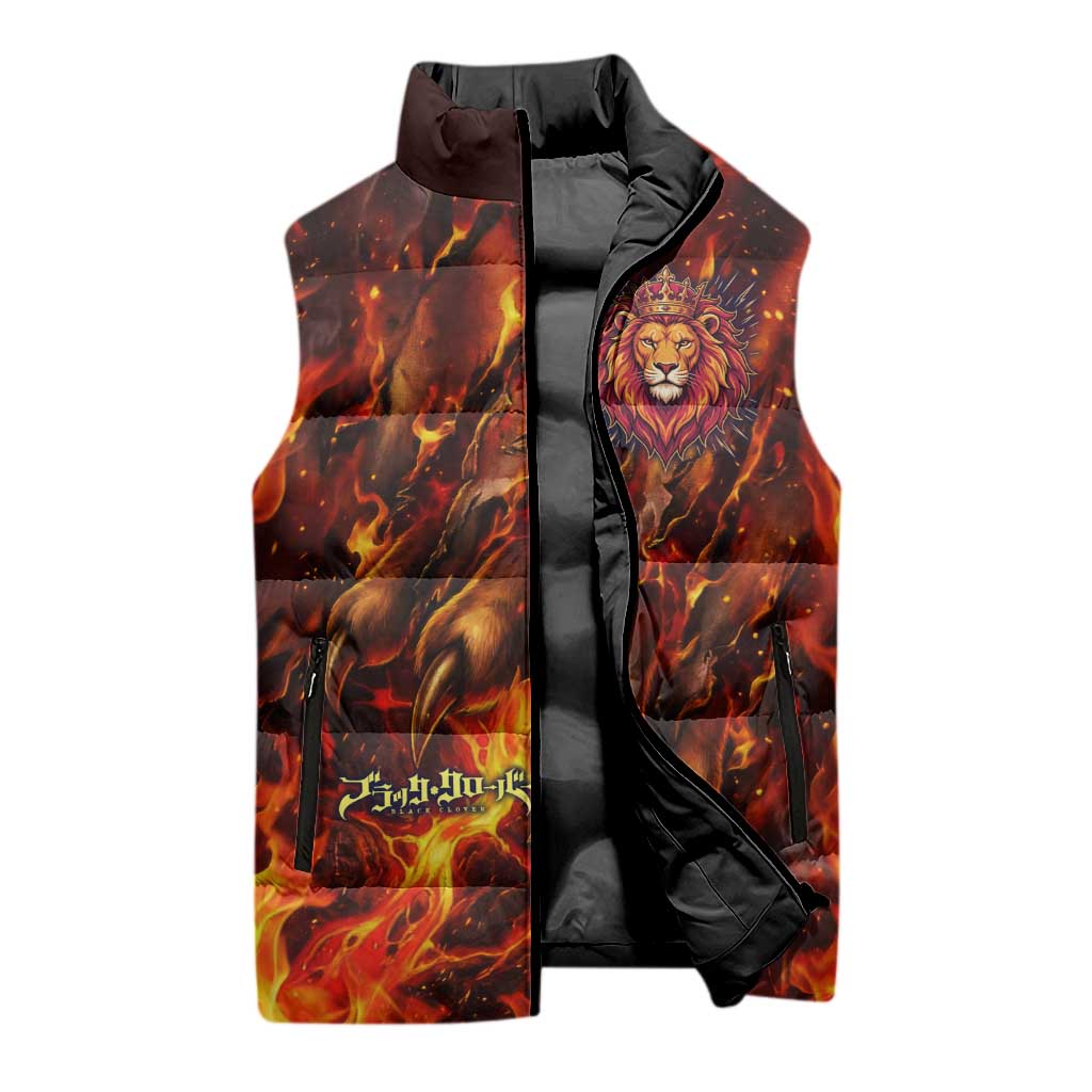 Mereoleona Vermillion Black Clover Sleeveless Puffer Jacket Inferno Flame Anime Style with Lion Symbolism