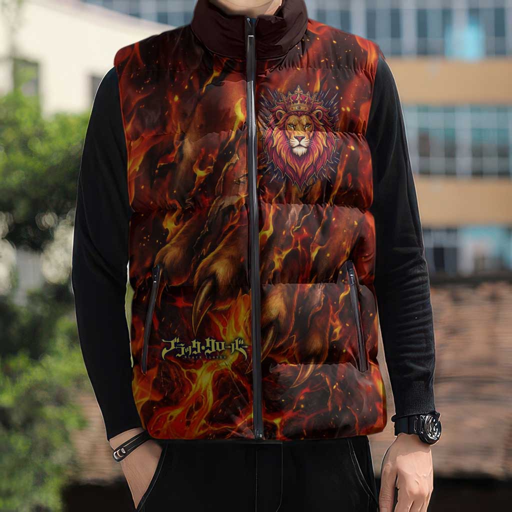 Mereoleona Vermillion Black Clover Sleeveless Puffer Jacket Inferno Flame Anime Style with Lion Symbolism
