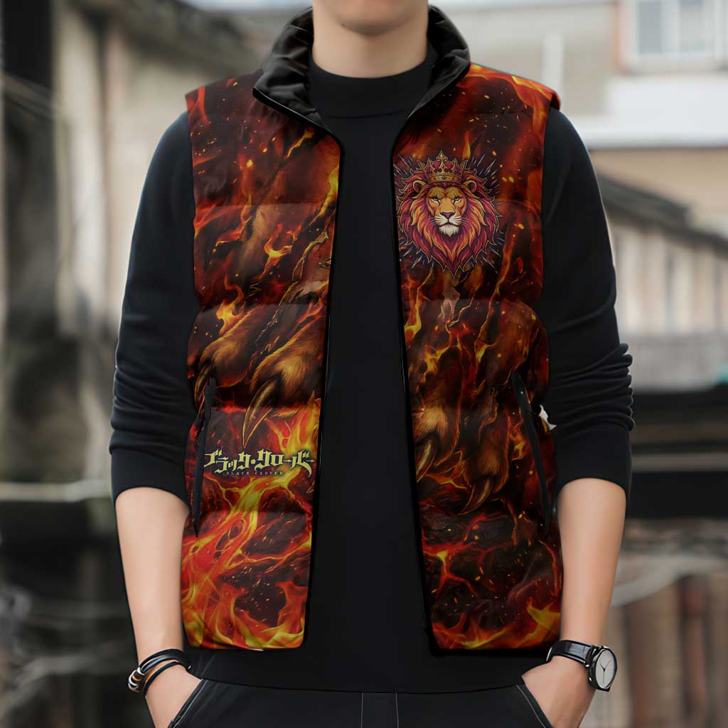 Mereoleona Vermillion Black Clover Sleeveless Puffer Jacket Inferno Flame Anime Style with Lion Symbolism