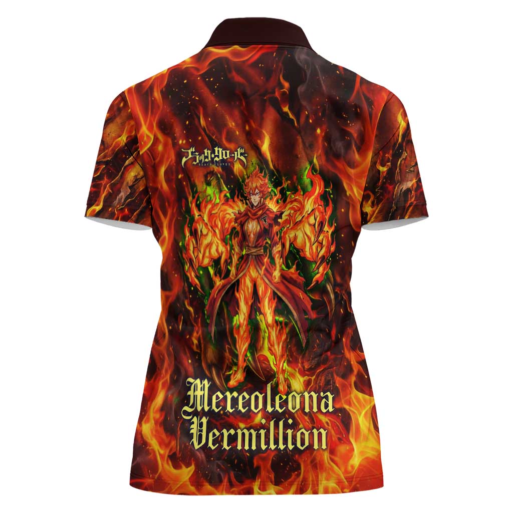 Mereoleona Vermillion Black Clover Women Polo Shirt Inferno Flame Anime Style with Lion Symbolism