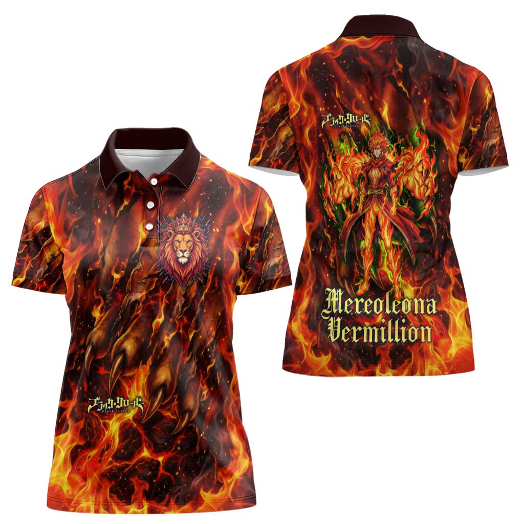 Mereoleona Vermillion Black Clover Women Polo Shirt Inferno Flame Anime Style with Lion Symbolism