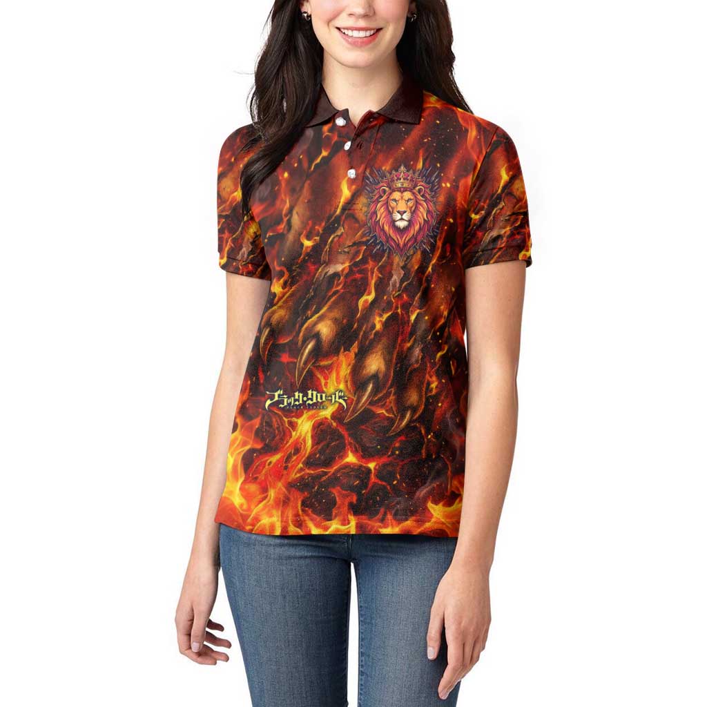 Mereoleona Vermillion Black Clover Women Polo Shirt Inferno Flame Anime Style with Lion Symbolism