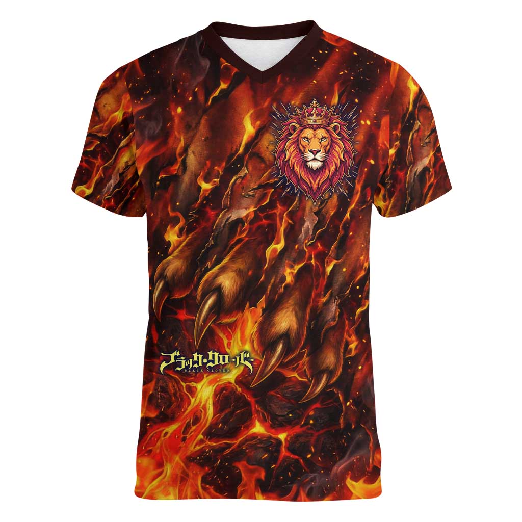 Mereoleona Vermillion Black Clover Women V-Neck T-Shirt Inferno Flame Anime Style with Lion Symbolism
