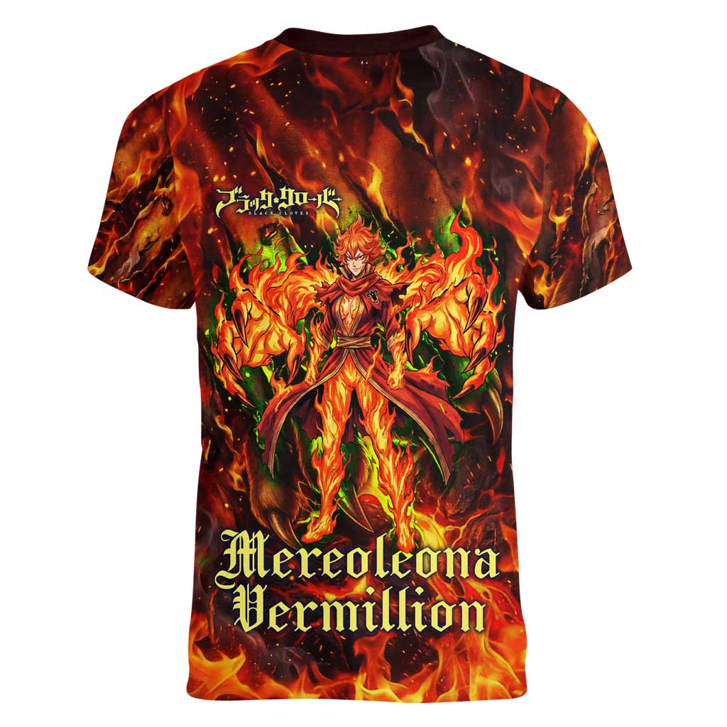 Mereoleona Vermillion Black Clover Women V-Neck T-Shirt Inferno Flame Anime Style with Lion Symbolism