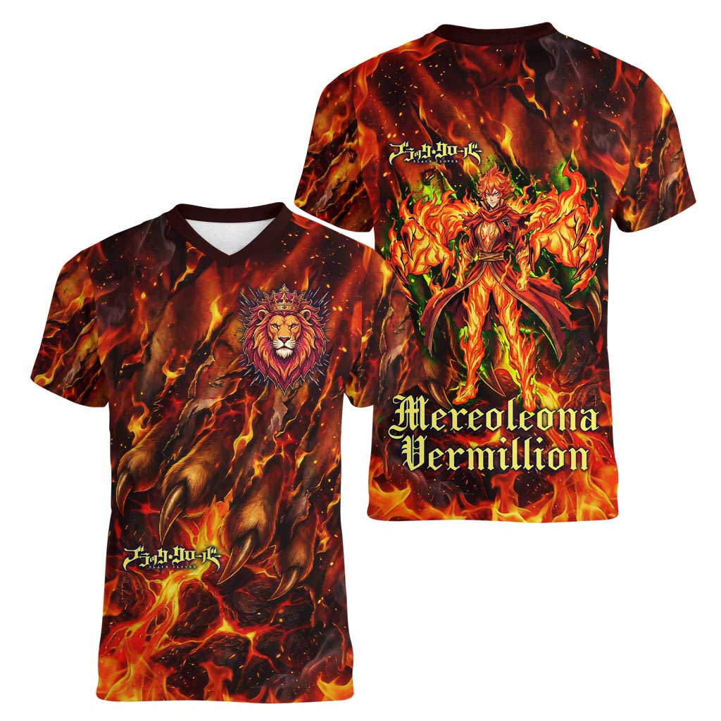 Mereoleona Vermillion Black Clover Women V-Neck T-Shirt Inferno Flame Anime Style with Lion Symbolism