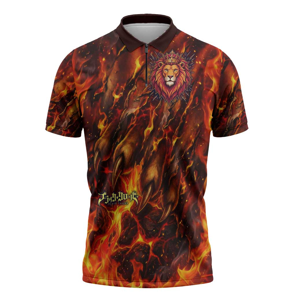 Mereoleona Vermillion Black Clover Zipper Polo Shirt Inferno Flame Anime Style with Lion Symbolism