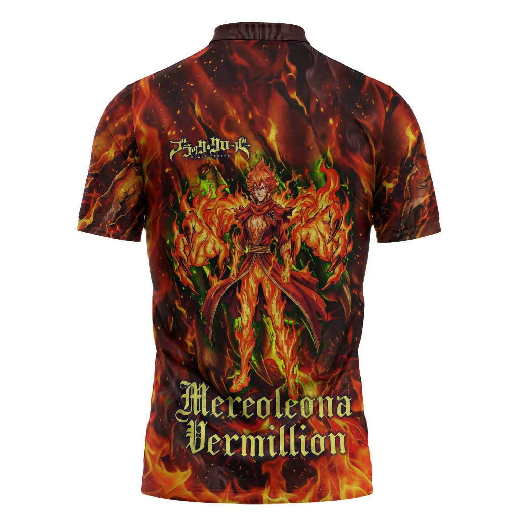 Mereoleona Vermillion Black Clover Zipper Polo Shirt Inferno Flame Anime Style with Lion Symbolism