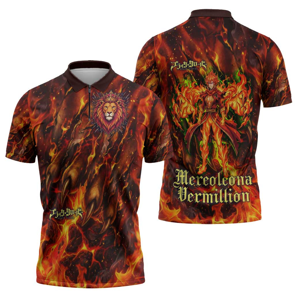 Mereoleona Vermillion Black Clover Zipper Polo Shirt Inferno Flame Anime Style with Lion Symbolism