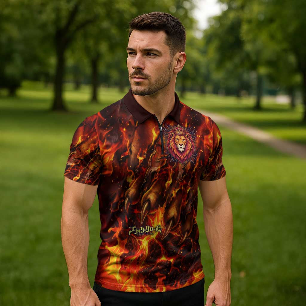 Mereoleona Vermillion Black Clover Zipper Polo Shirt Inferno Flame Anime Style with Lion Symbolism