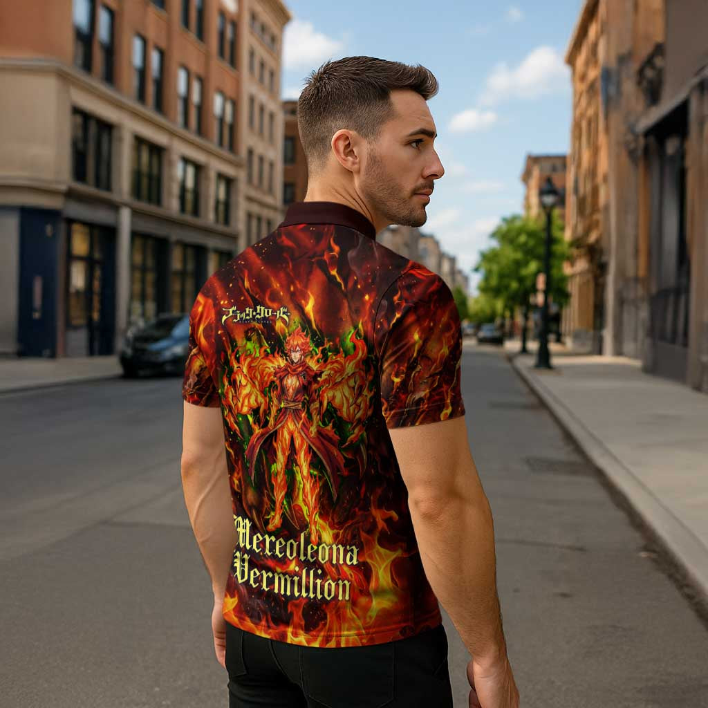 Mereoleona Vermillion Black Clover Zipper Polo Shirt Inferno Flame Anime Style with Lion Symbolism