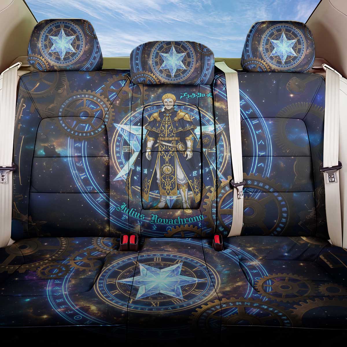 Julius Novachrono Black Clover Back Car Seat Cover Cosmic Time Magic Style with Celestial Clockwork Motif