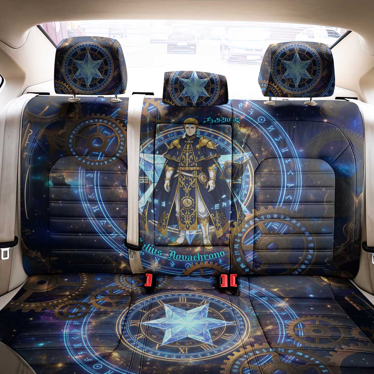 Julius Novachrono Black Clover Back Car Seat Cover Cosmic Time Magic Style with Celestial Clockwork Motif