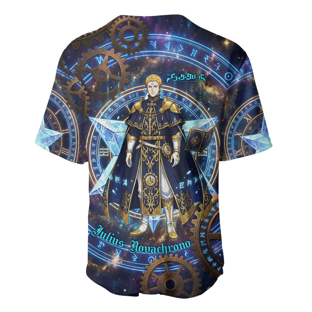 Julius Novachrono Black Clover Baseball Jersey Cosmic Time Magic Style with Celestial Clockwork Motif