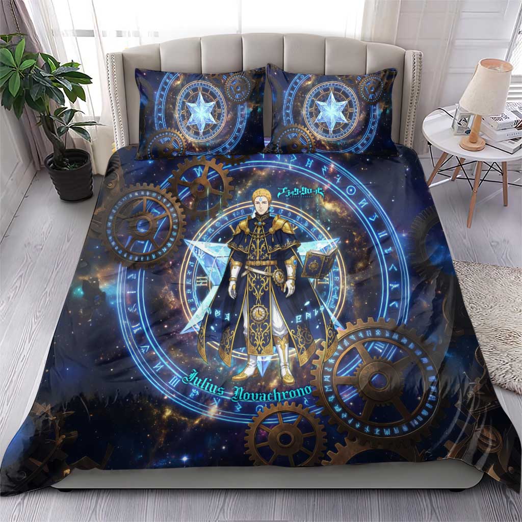 Julius Novachrono Black Clover Bedding Set Cosmic Time Magic Style with Celestial Clockwork Motif