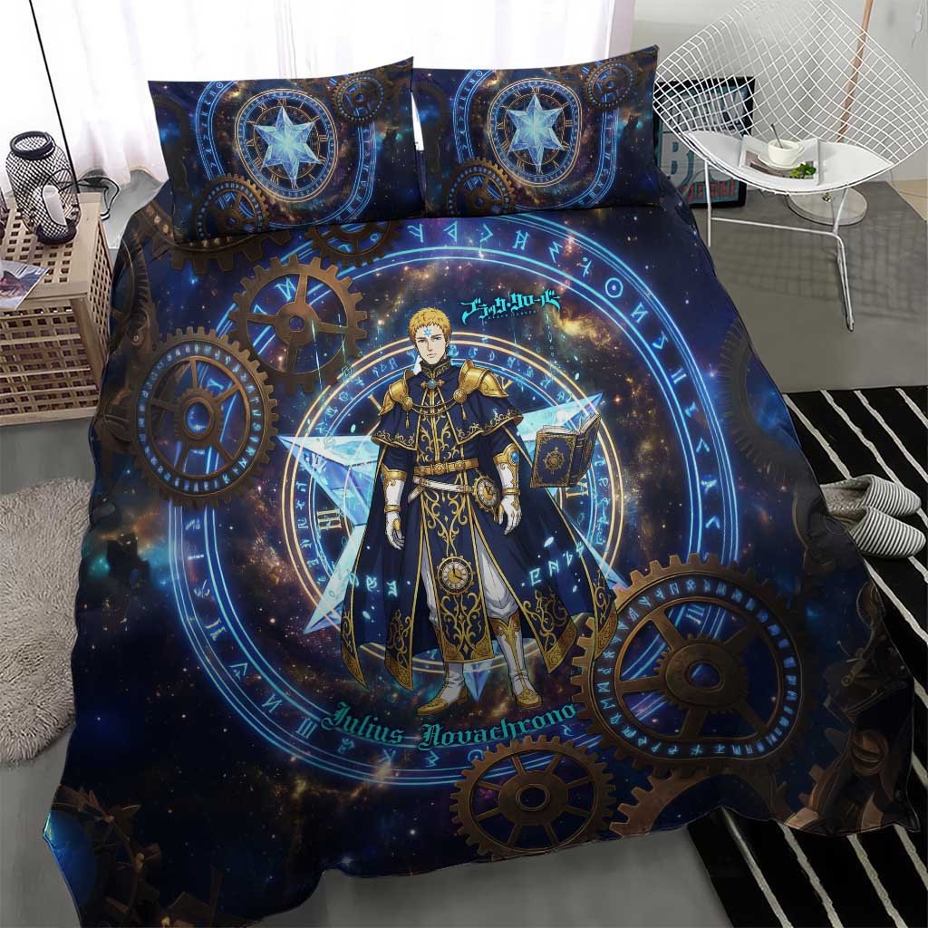 Julius Novachrono Black Clover Bedding Set Cosmic Time Magic Style with Celestial Clockwork Motif