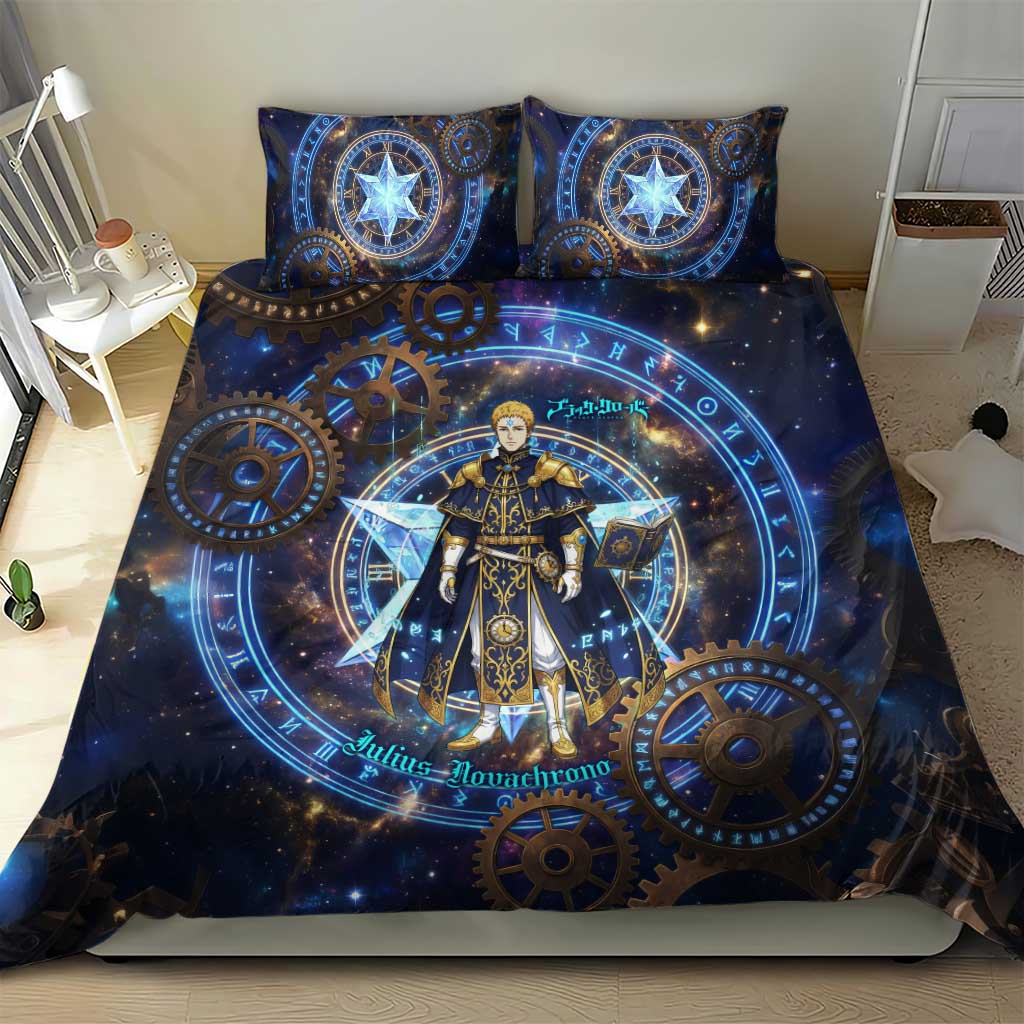 Julius Novachrono Black Clover Bedding Set Cosmic Time Magic Style with Celestial Clockwork Motif