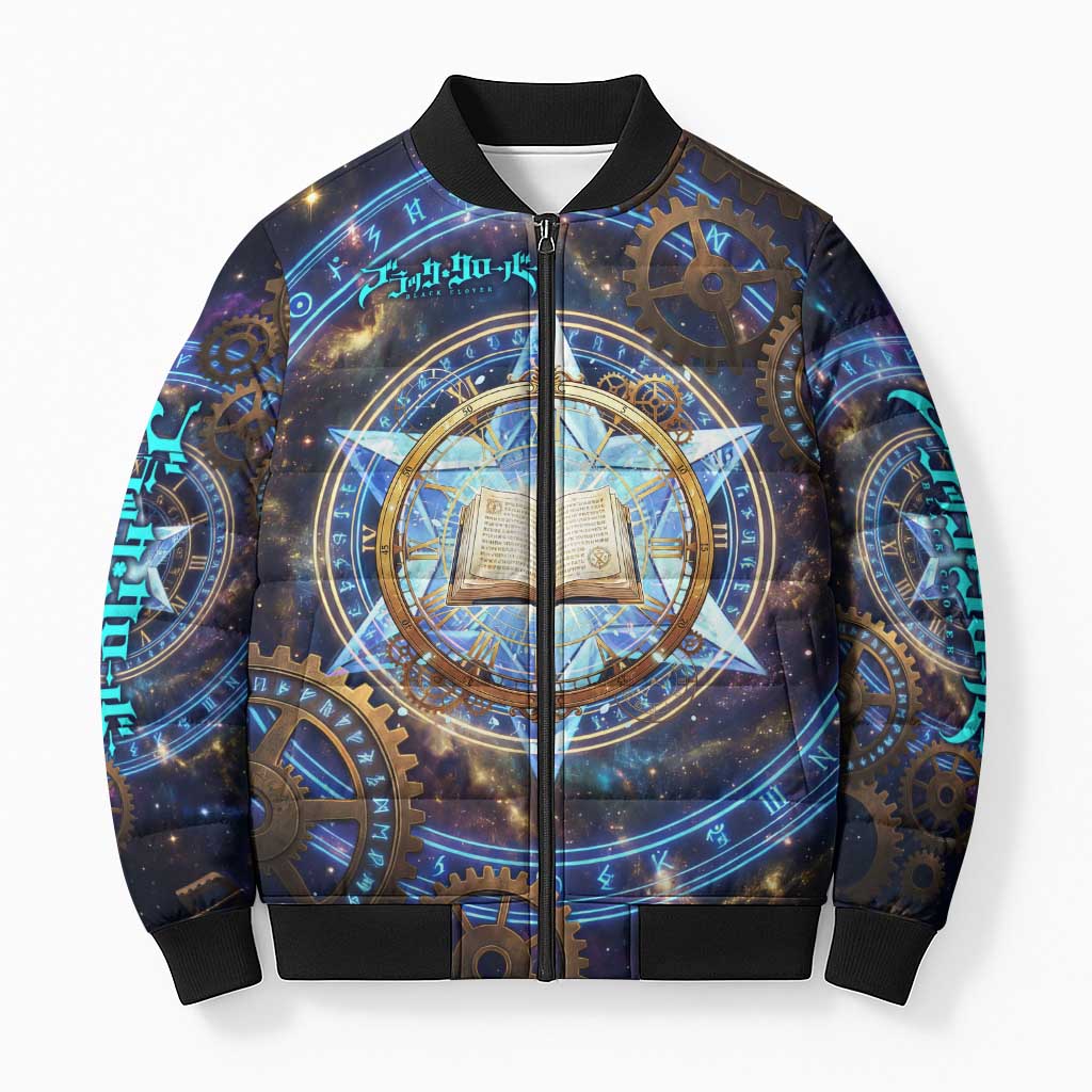 Julius Novachrono Black Clover Bomber Puffer Jacket Cosmic Time Magic Style with Celestial Clockwork Motif