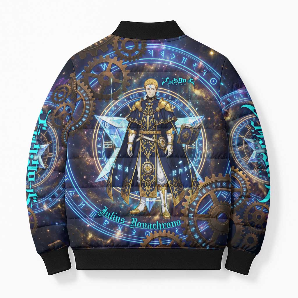 Julius Novachrono Black Clover Bomber Puffer Jacket Cosmic Time Magic Style with Celestial Clockwork Motif
