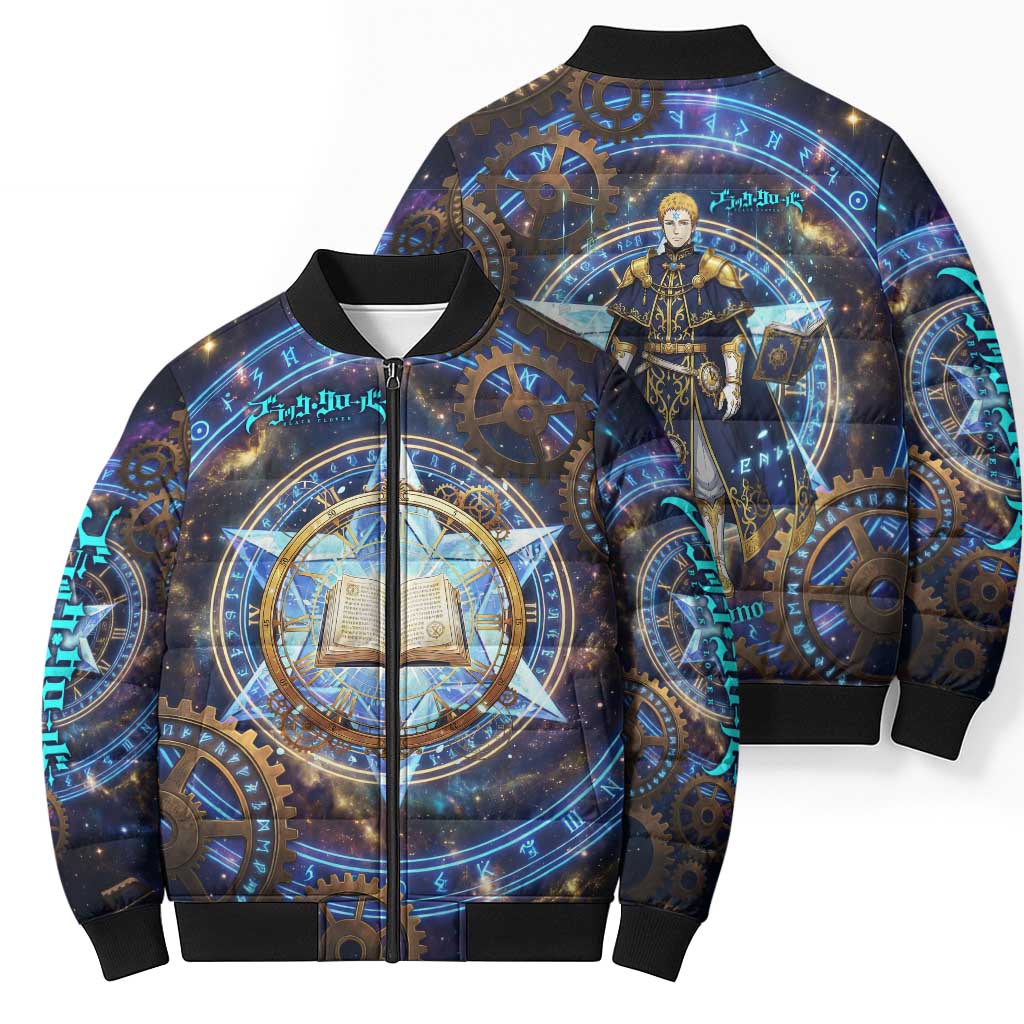 Julius Novachrono Black Clover Bomber Puffer Jacket Cosmic Time Magic Style with Celestial Clockwork Motif