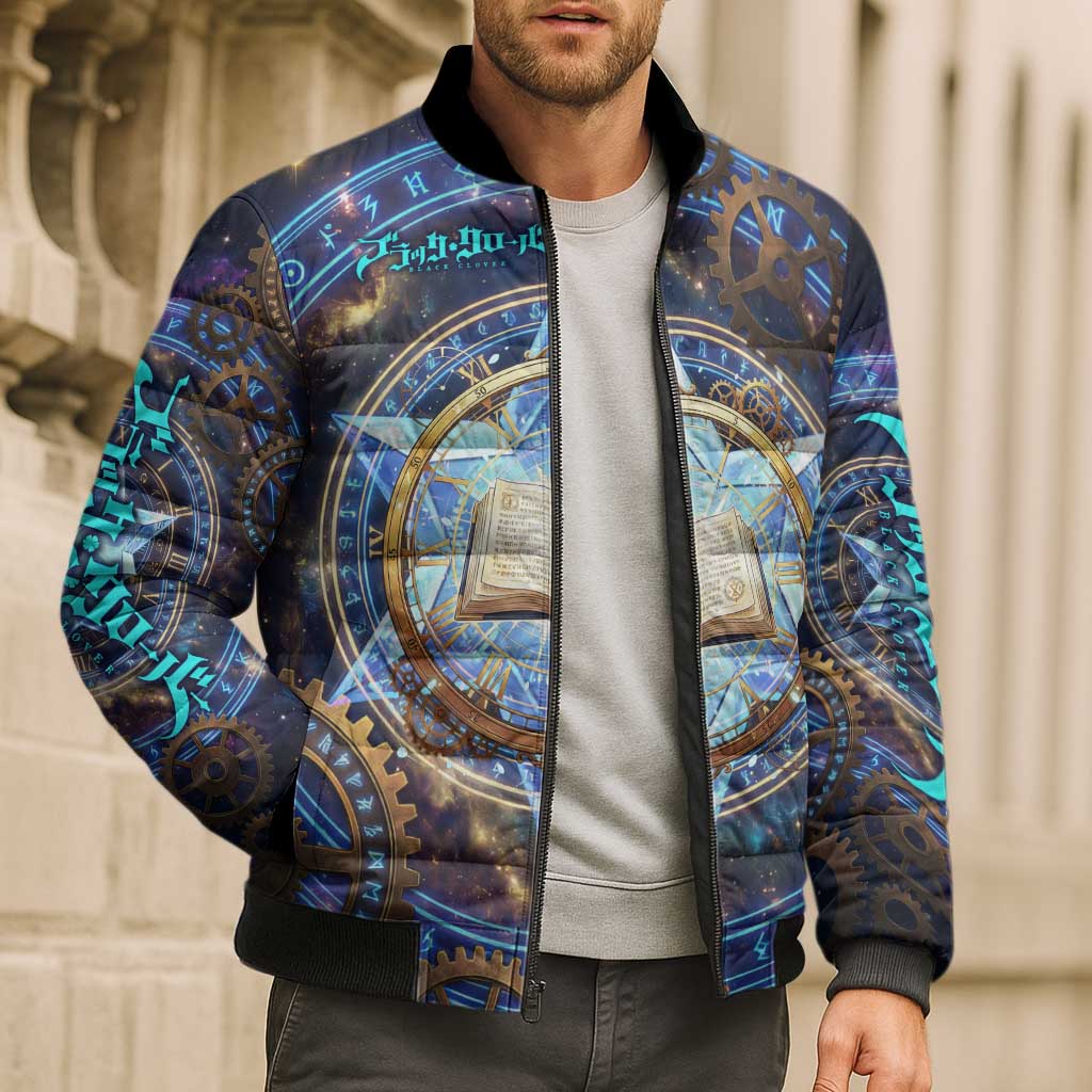Julius Novachrono Black Clover Bomber Puffer Jacket Cosmic Time Magic Style with Celestial Clockwork Motif